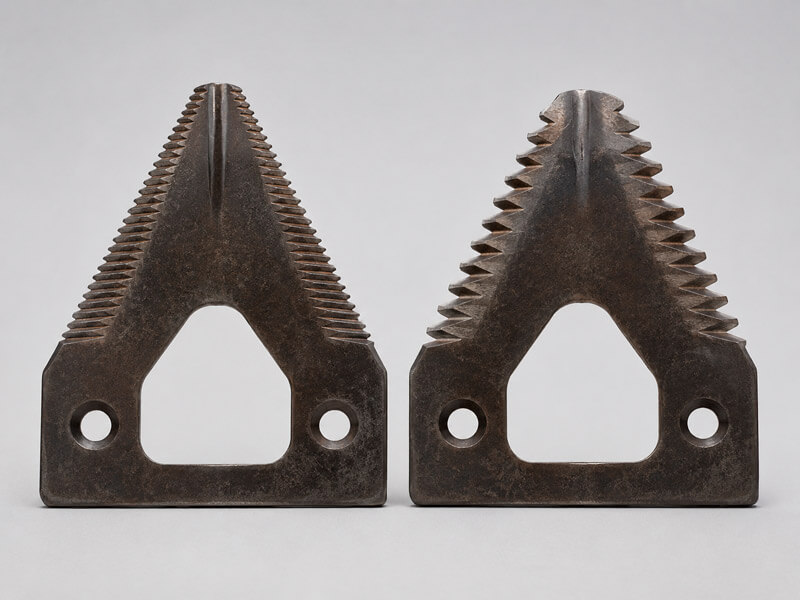 À direita, navalha de corte com dente grosso, mais espaçados; à esquerda, navalha com dente fino.