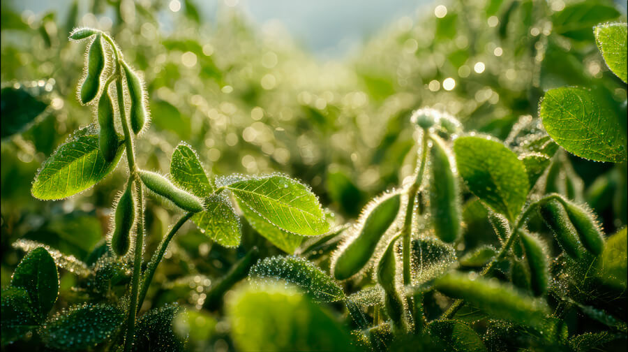 Plantas de soja úmidas, com gotículas de água, vista bem de perto.